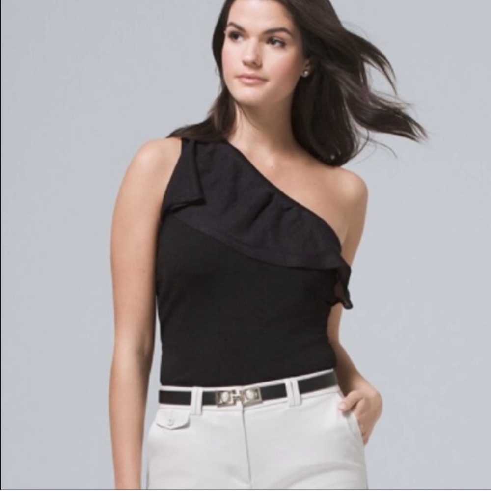 White House Black Market One Shoulder Black Tank with Ruffle XS